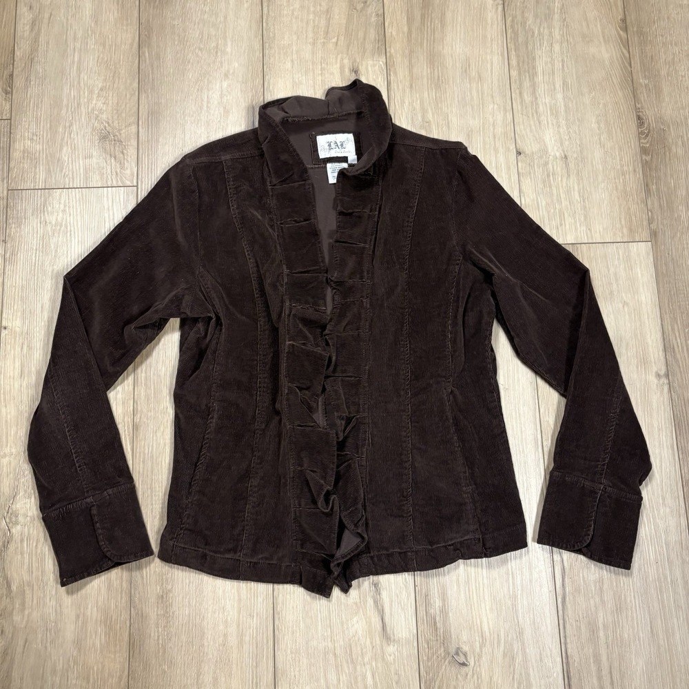 Vintage Brown Ruffle Corduroy Jacket Size Large L Long Sleeve Open